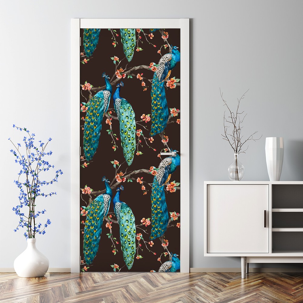 Red Peacock Bubble Free Door sticker Wall covering Peel & Stick Self adhesive