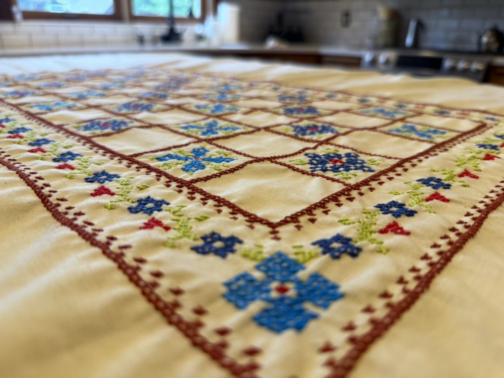 Vintage Handmade Cross Stitch Tablecloth 68x50 Cream Folk Art Floral