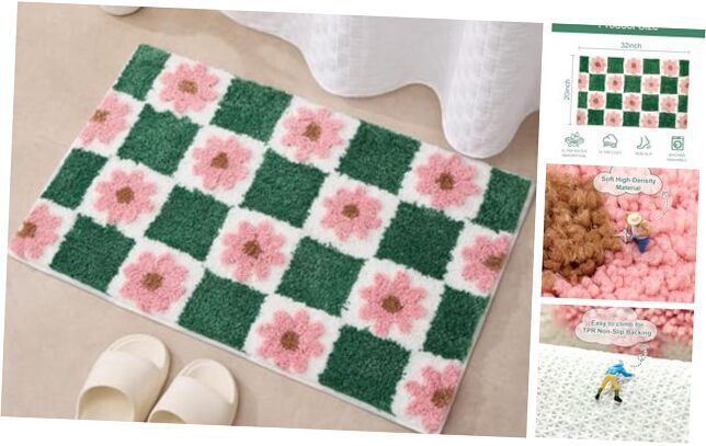 Cute Checkered Pink Green Flower Bath Mat 32x20 Inches Non-Slip Soft Absorbent  
