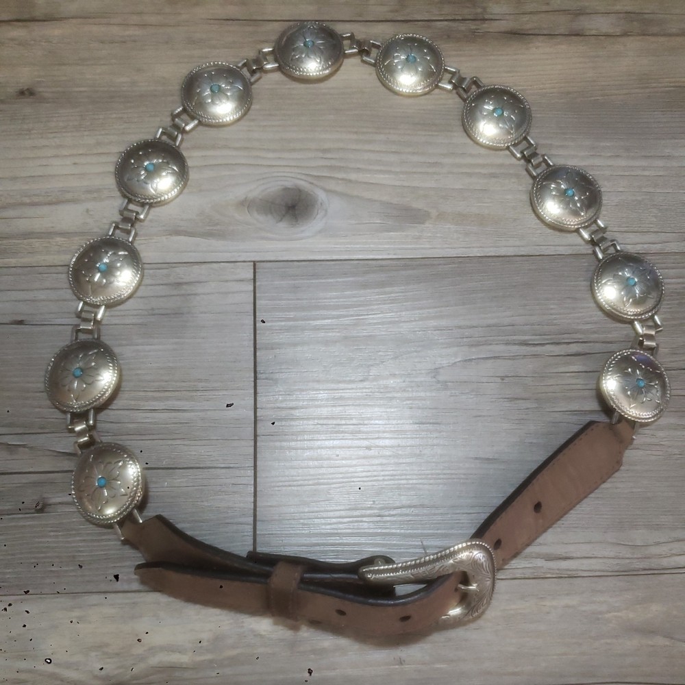 Nocona Brown Leather Silver Tone Concho Coachella Turquoise Cowgirl Belt size 32