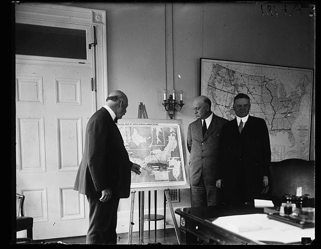 Photo:John W. Weeks, Edwin Denby, and Herbert Hoover with map of Japan