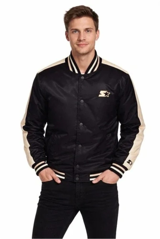 Starter Enzo Satin Varsity Jacket Black Stripe Logo Snap Front Authentic XXL