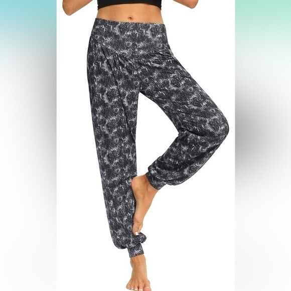 Boho Black White Abstract Parachute Yoga Pants NWOT Size Large-image