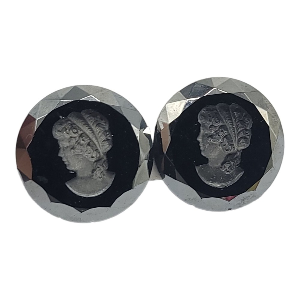Intaglio Cameo Reverse Carved Black Glass Clip On Earrings Vintage 1.5