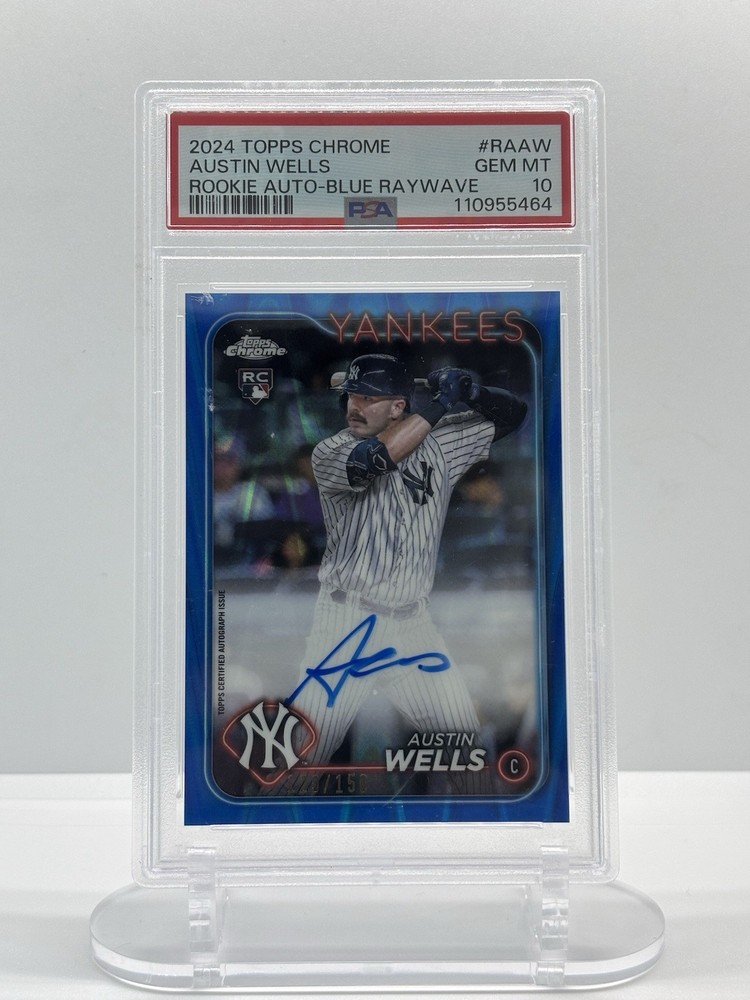 2024 Topps Chrome Austin Wells Rookie Autograph Blue RayWave Yankees PSA 10 /150