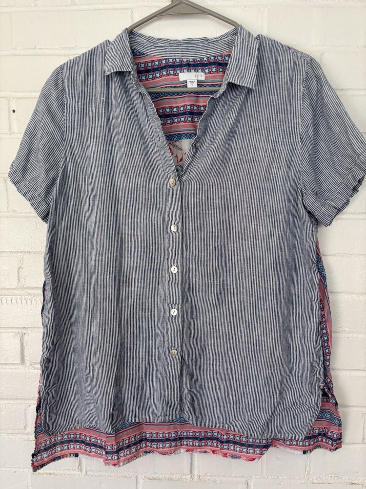 J. Jill Blue Striped Button Up Shirt Size S Linen Front Floral Back Short Sleeve