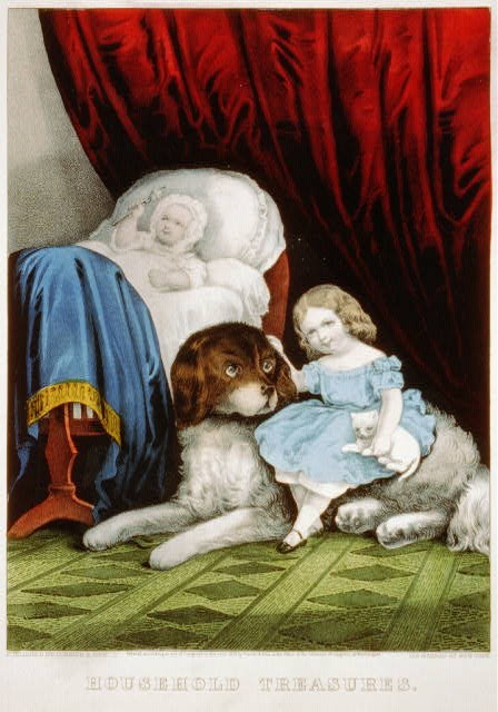 Household treasures,1856-1907,Currier & Ives Photo,children,infant,kitten,dog