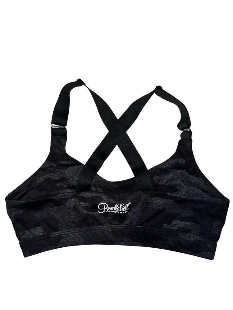 Bombshell Sportswear Black Camo Cross-Back Sports Bra Sz S