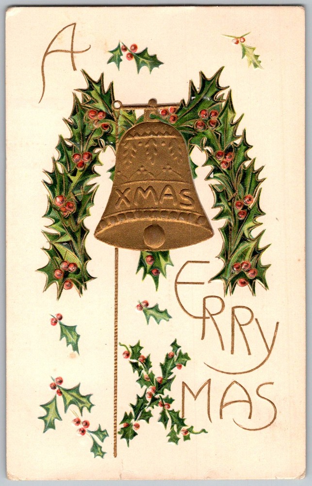 Antique Postcard Xmas Bell Holly Embossed 1910s