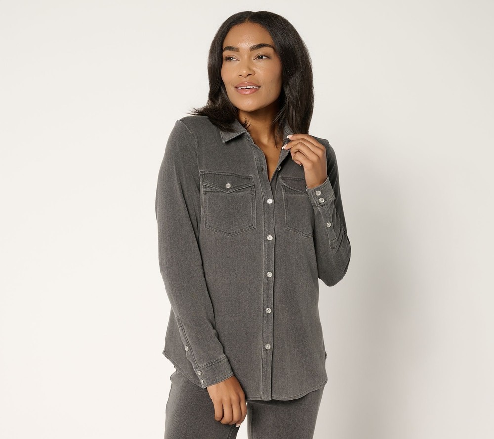Susan Graver Women's Top Plus Sz 1X Cool Touch Denim Medium Grey Heather A706989