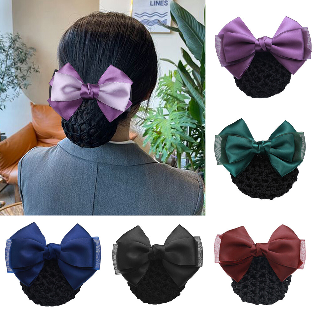 Womens Snood Bun Cover Hair Net with Bow Knot Clip for Office Styling