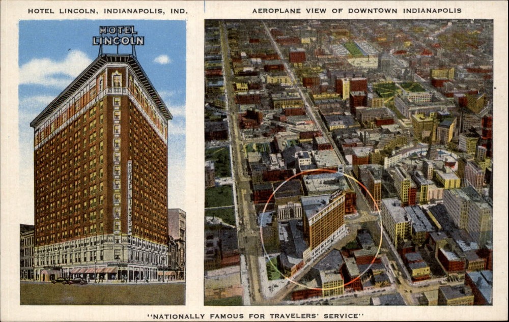 Hotel Lincoln Indianapolis Indiana aerial view downtown two view ~ 1930s linen