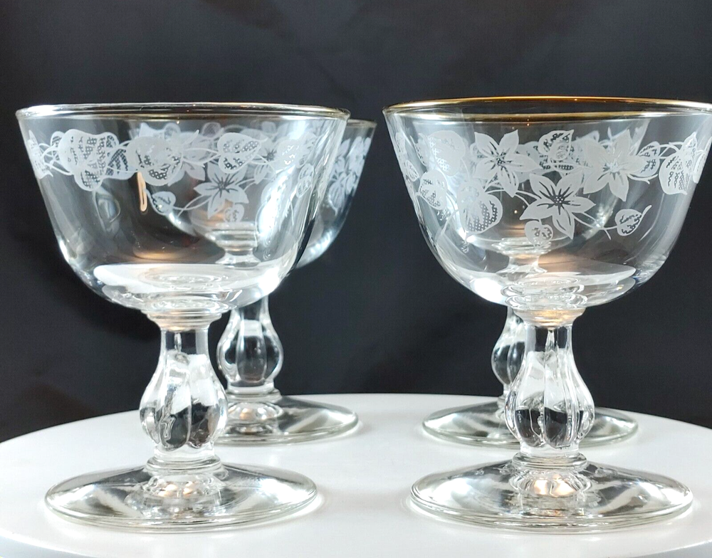 Vintage Libbey Gold Rim Etched Coupe Champagne Cocktail Glasses Set of 4