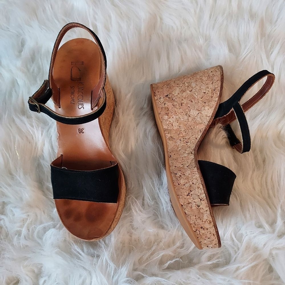 KJacques St Tropez Adjustable Leather Wedge Sandals Cork Heel