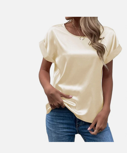 Womens Satin Silk Short Sleeve T Shirts Loose TEE Casual Summer Blouse Tops SIZE