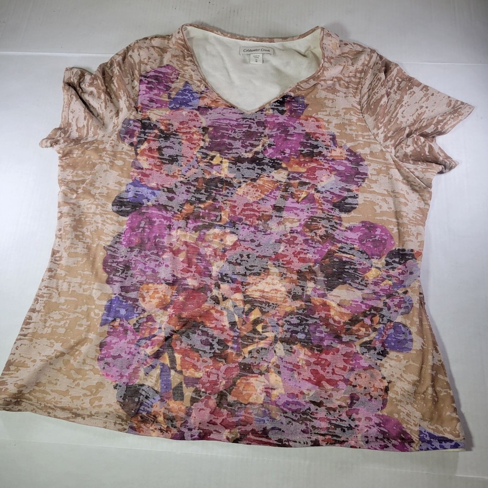 Coldwater Creek Women Floral Beige & Purple V-Neck Short Sleeve Top Size 1X