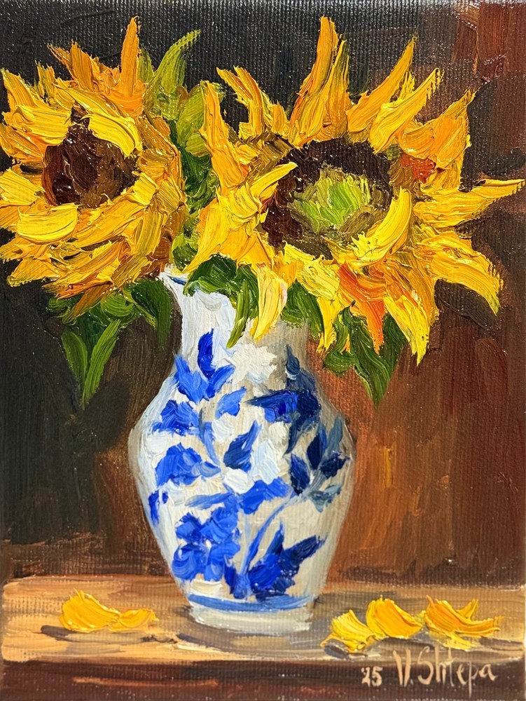 Sunflowers Oil Painting Original Art Impasto Flower Still Life Vintage Vase 8x6
