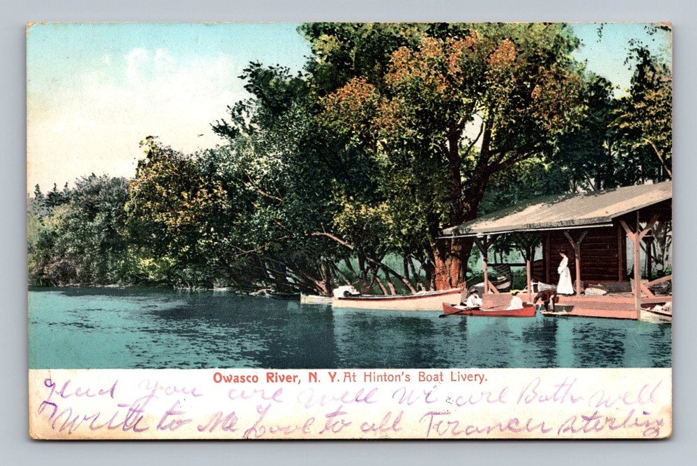 Owasco River NY-New York At Hinton's Boat Livery Vintage c1909 Postcard Postal