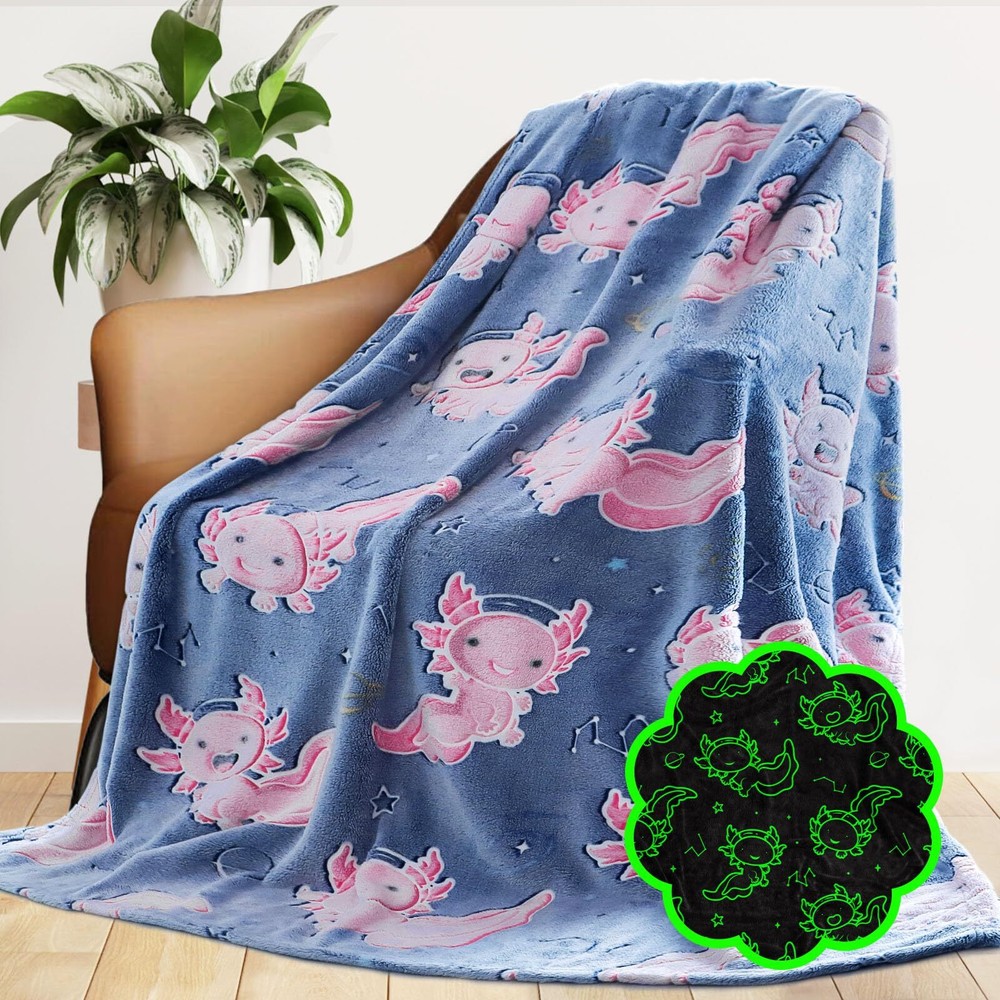 Glow in The Dark Blanket Axolotl Pink Gifts Toys Decor for Kids Girls Cute Co...