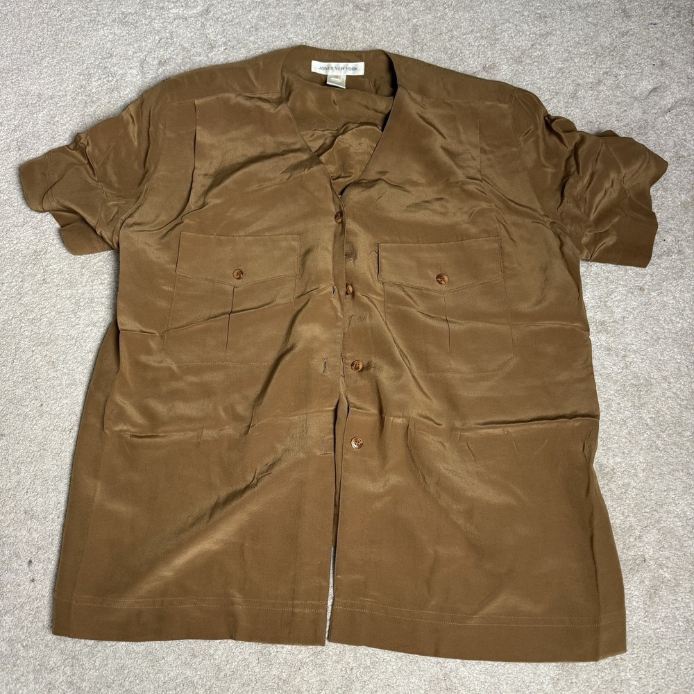 Jones New York Womens 100% SIlk Button Up Shirt Shoulder Pads 14 Green