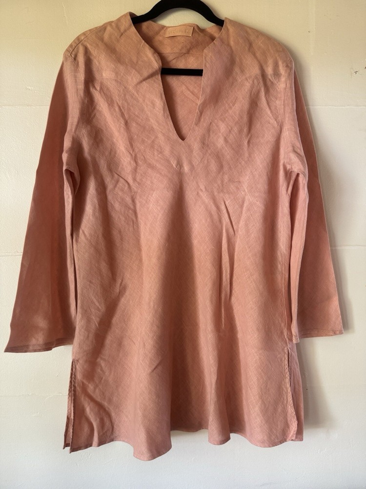 C P Shades salmon pink linen popover tunic with 3/4 sleeves and split hem