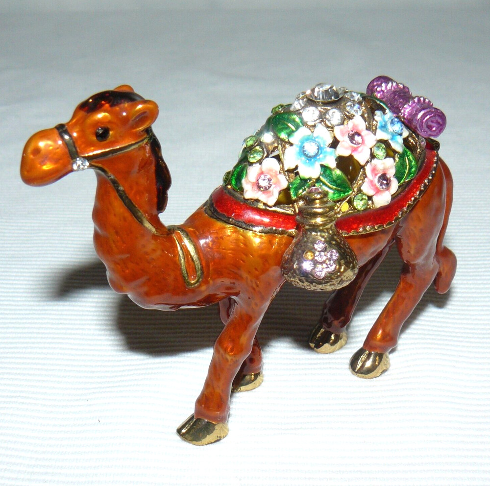 Enameled Jeweled Brown Camel Tiny Hand Painted Trinket Box