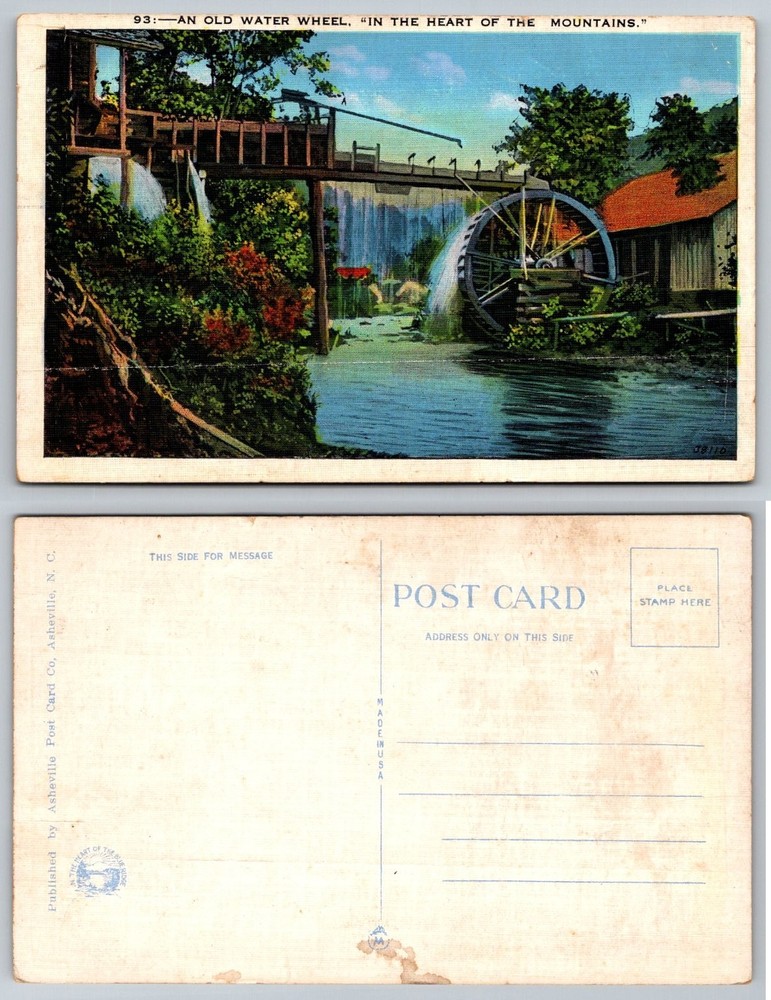 Vintage Linen Postcard: Old Water Wheel, Blue Ridge Mountains, Asheville NC