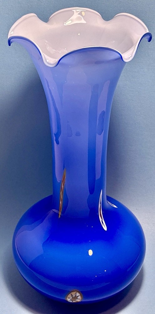 Vintage Cobalt Blue Cased Venetian Art Glass Vase Millefiori Murrine Ruffle Rim