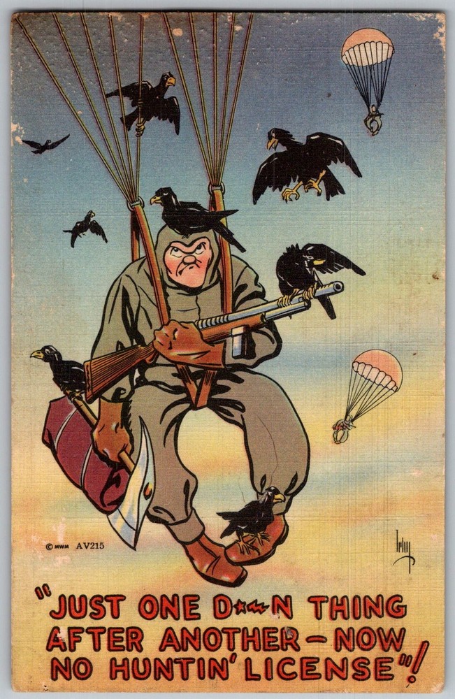 Vtg Linen Postcard Parachute Soldier Caricature 1940s