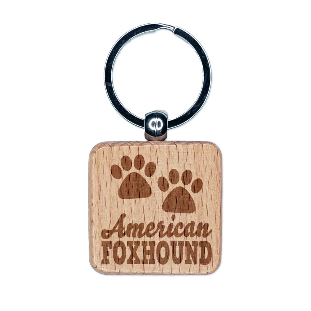 American Foxhound Dog Paw Prints Fun Text Engraved Wood Square Keychain