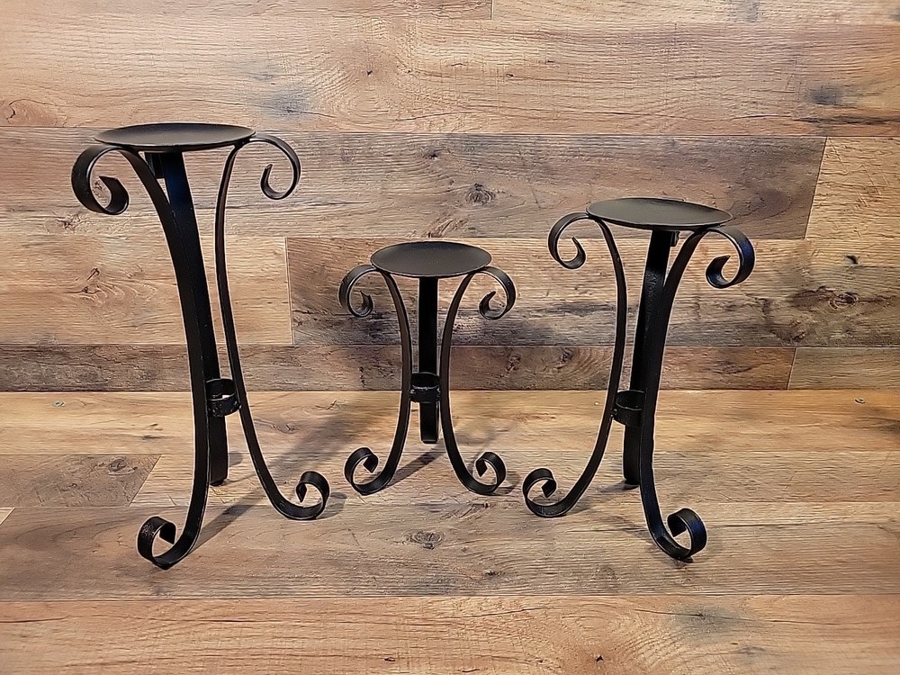 Candlestick Holder Black Wrought Iron Graduated Tier Scrollwork Pillar Set of 3
