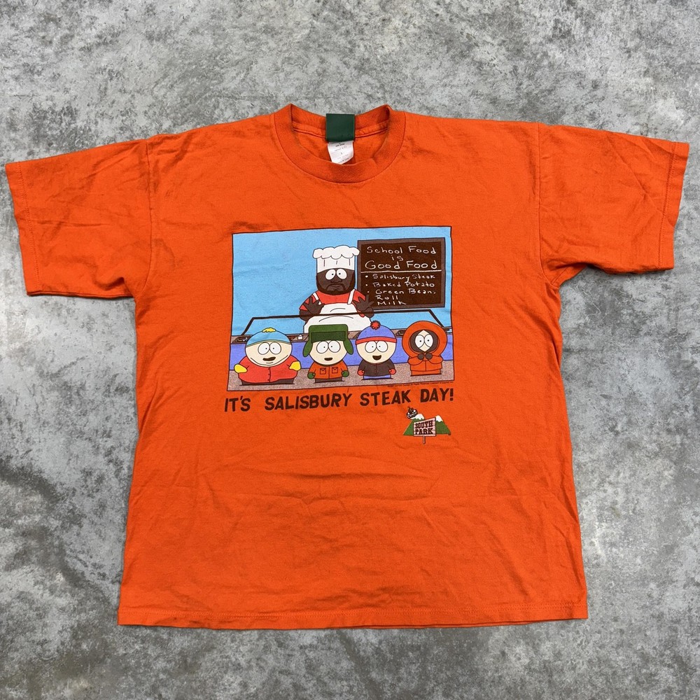 Vintage South Park Shirt Mens Large Orange Salisbury Steak Day Chef Cartoon 90s