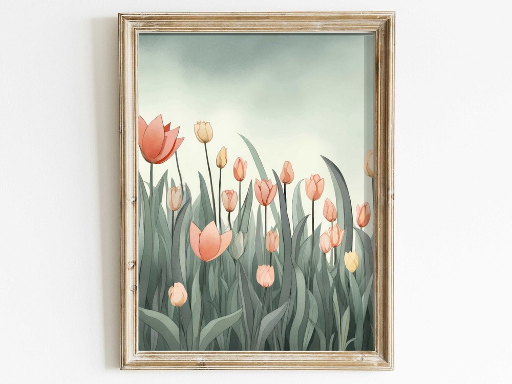 Vintage Tulip Field Painting Blooming Flowers Beautiful Floral Decor Muted