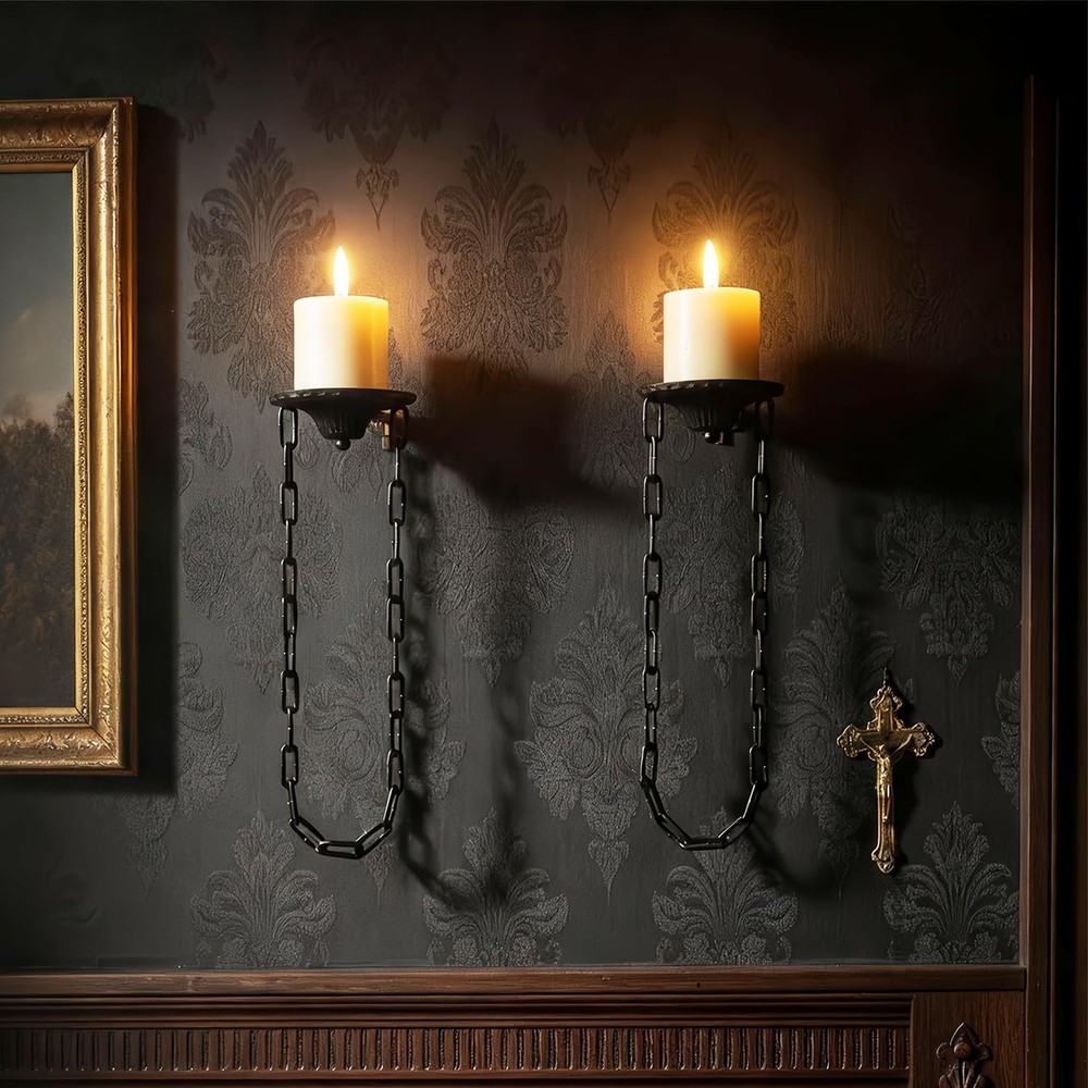 Candle Sconce(Set of 2)-Medieval Metal Wall Decorations-Gothic Retro Chain Wa...