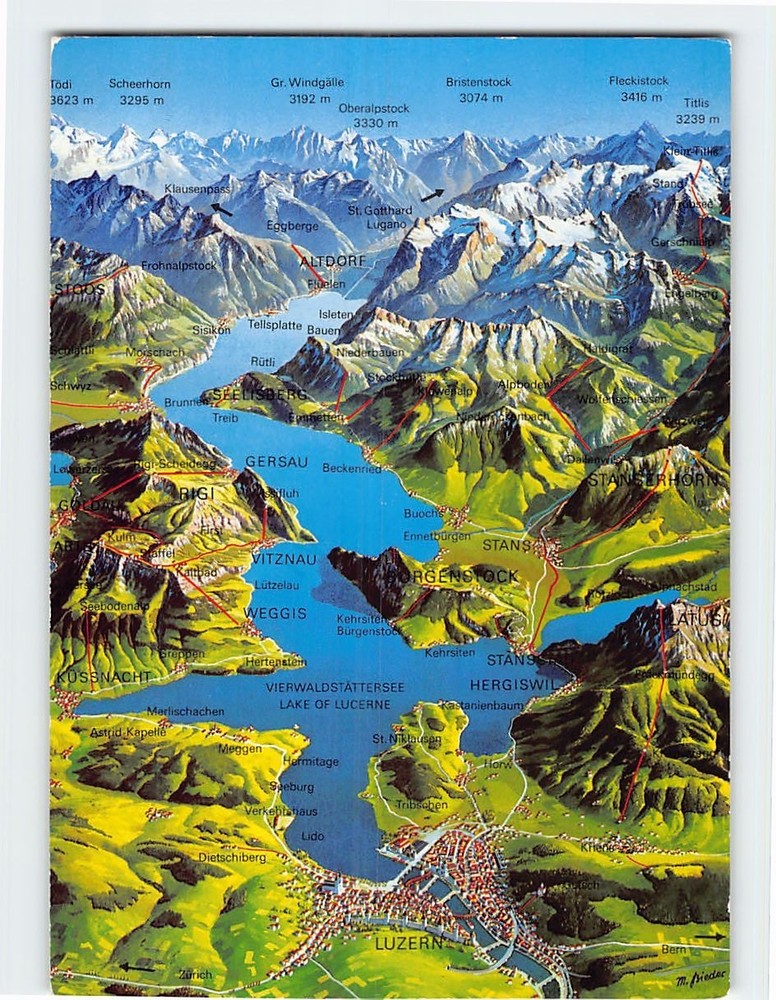 Postcard Pictorial Map of Lake Lucerne Switzerland