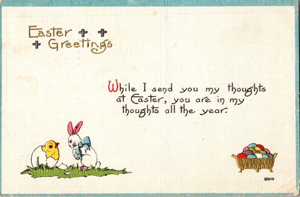 Vintage 1914 Easter Greetings Postcard Chick Bunny Eggs Lake View NY Postmark