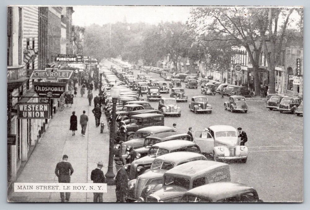 Le Roy New York Main Street Genesee County Chevrolet Oldsmobile Signs Postcard