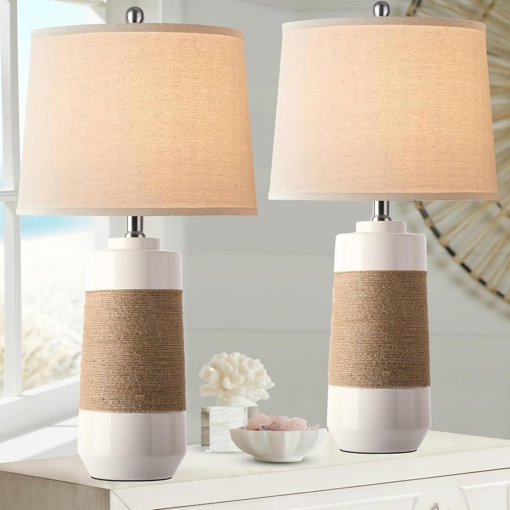 White Boho Ceramic Lamps with Rope for Living Room Set of 2 Nautical Rattan Coas