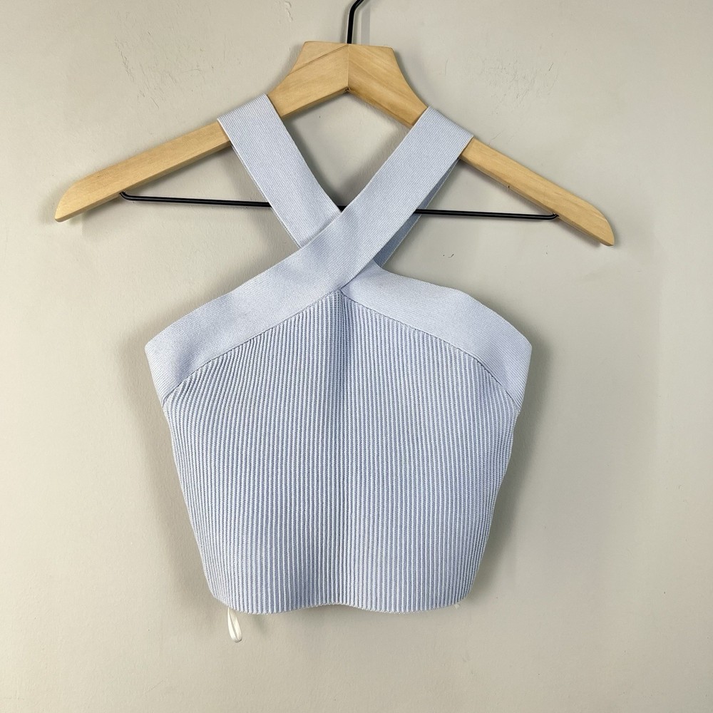 Babaton Aritzia Knit Halter Crop Top Blue Cross Back Sculpt Tank Womens S