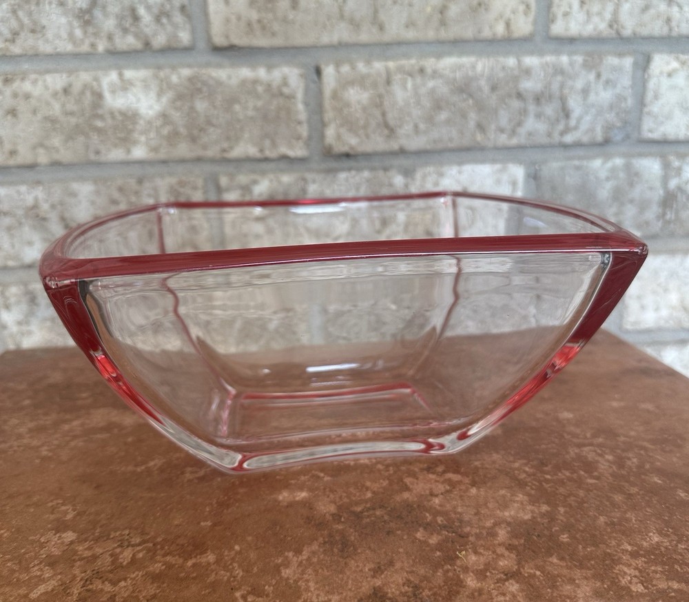 Red Trimmed Glass Fruit, Candy Bowl 9.5 X 8 C 4.5 Square Shape, Rounded Edges