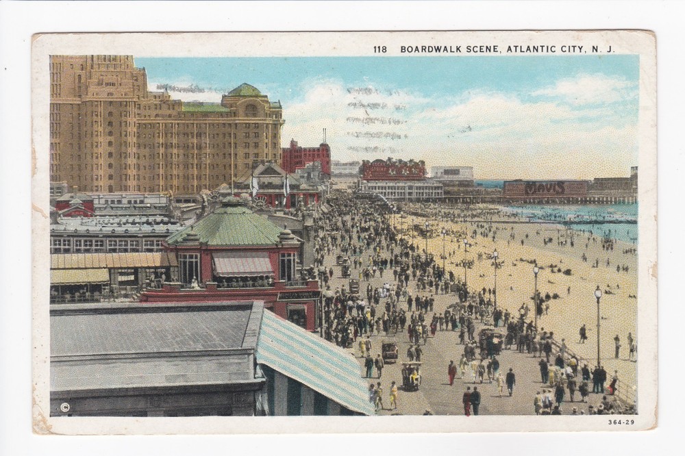 Boardwalk Scene Atlantic City New Jersey Crowded Beach White Border Postcard