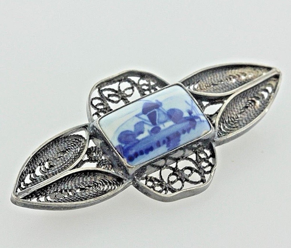 Antique Delft Holland Sterling Silver 925 Porcelain Windmill Filigree Brooch Pin
