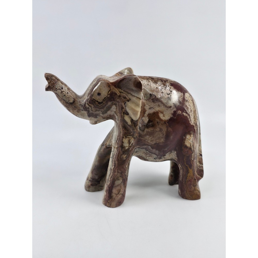 Vintage Hand Carved Onyx Stone Elephant Figurine Trunk Up Good Luck Decor 6.5in