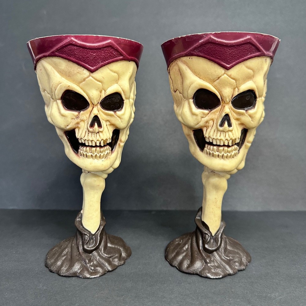 Skull Goblets Set of 2 Halloween Skeleton Wine Glasses Spooky Decor