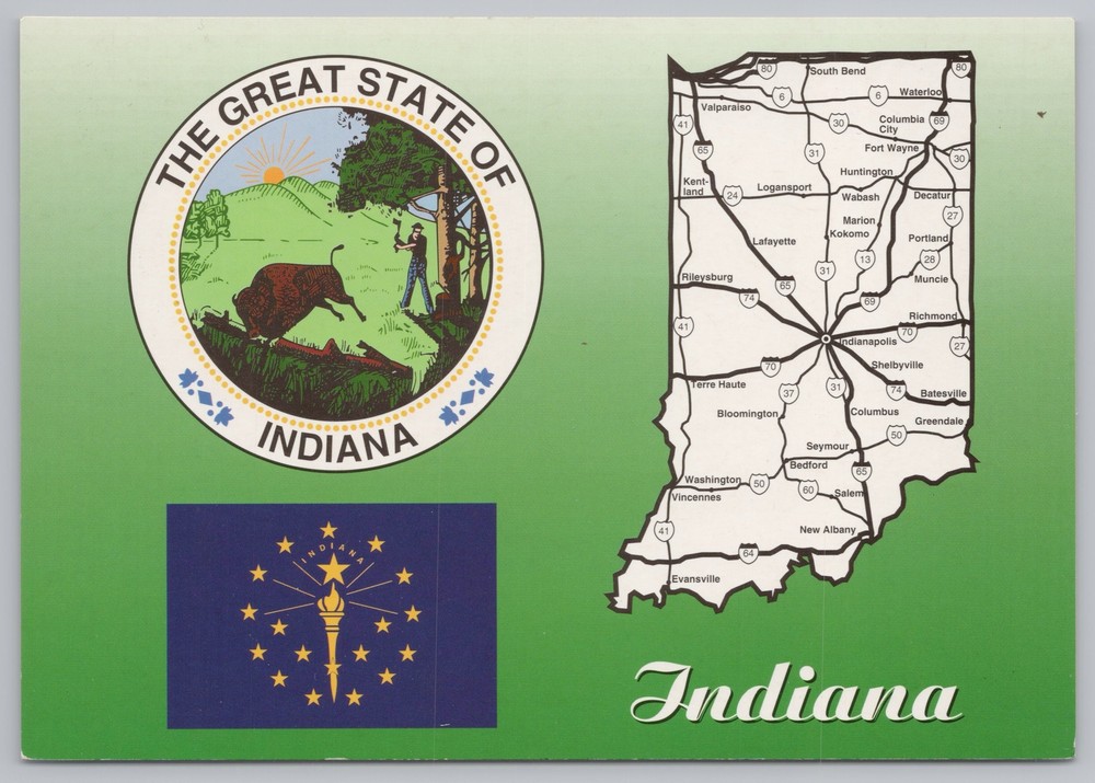 Indiana~State Map-Seal-Flag~Continental Postcard