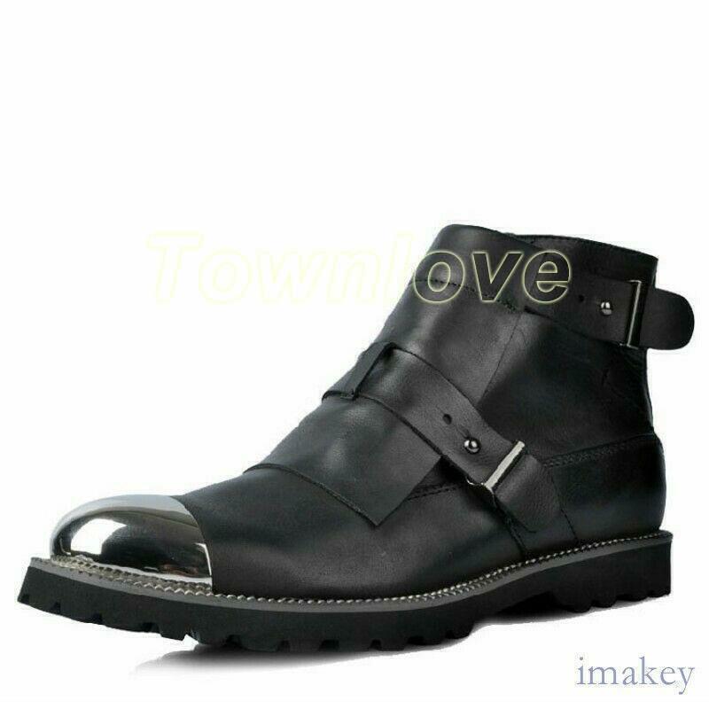 Men's Punk Nightclub Real Leather Metal Toe Ankle Boots Zip Casual Shoes
