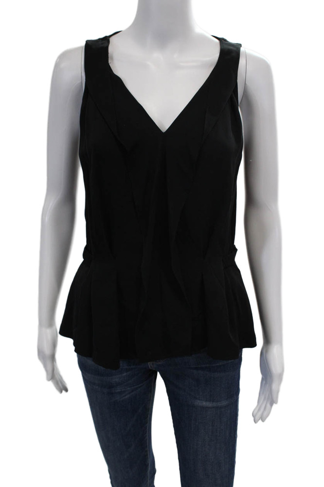 Diane Von Furstenberg Womens Silk V Neck Sleeveless Ruffle Blouse Black Size 2Free Shipping in US $100+ Orders | $6.95 Orders Below