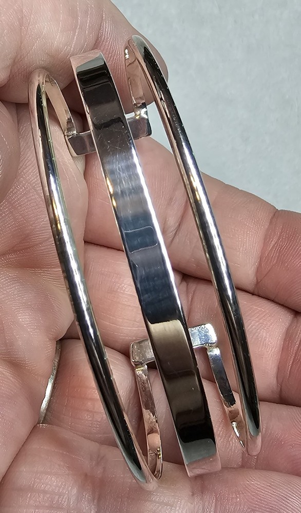 Modernist 925 Sterling Silver Triple-Bar Cuff Bracelet – Polished Minimalist...