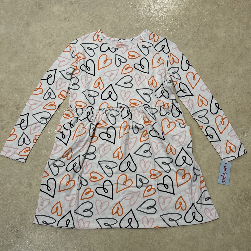 NWT ✅ Cat and Jack Girls Pocket Cream Dress ✅ Black & Orange Hearts ✅ Sz XL (14)