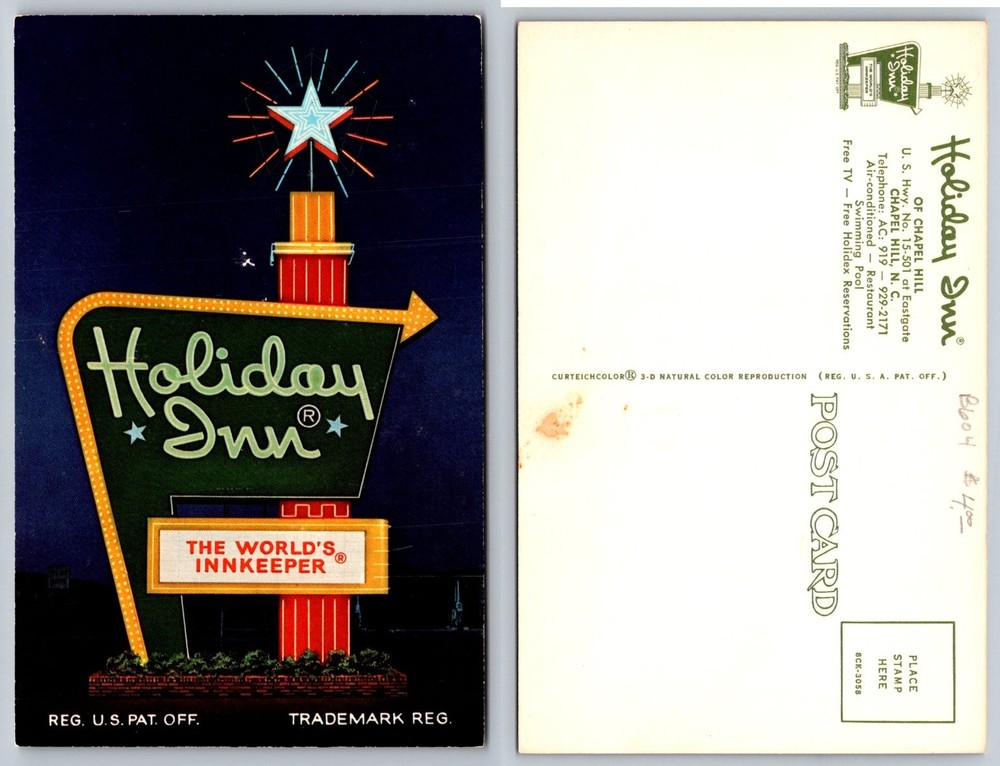 Vintage Holiday Inn Neon Sign Postcard Chapel Hill NC Curteichcolor